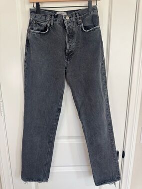 Agolde 90’s Pinch Waist Black Distressed High Rise Straight Leg Raw Hem Jeans 26
